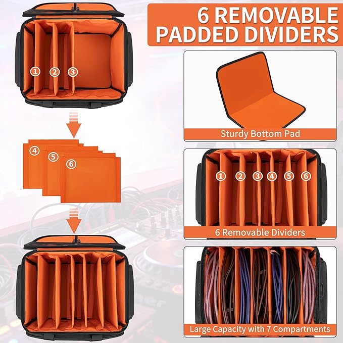 DJ Cable File Bag with 6 Detachable Dividers High Capacity Gig Cable Bag for Cords,DJ Gear,Sound Instrument and Accessories