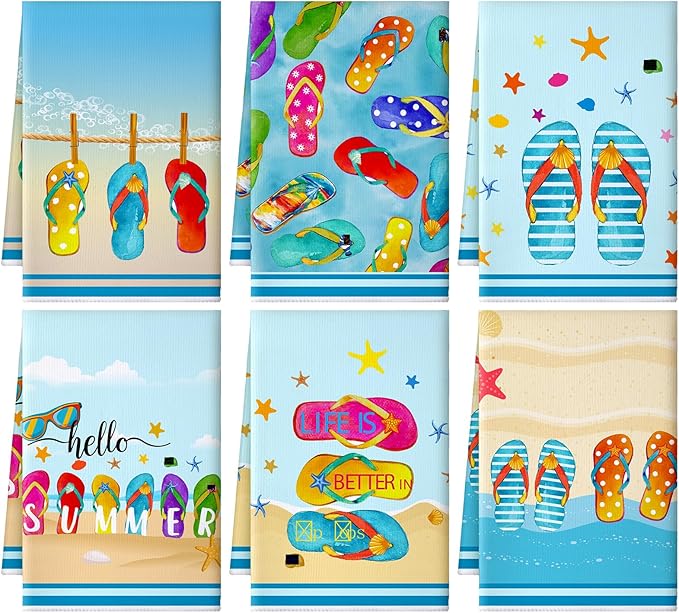 Preboun 6 Pcs Flip Flops Decorative Kitchen Towels Summer Dish Hand Towels Funny Flip Flops Themed Dish Cloth House Decorative Farmhouse Tea Cloth Absorbent for Home Bathroom Kitchen Decor