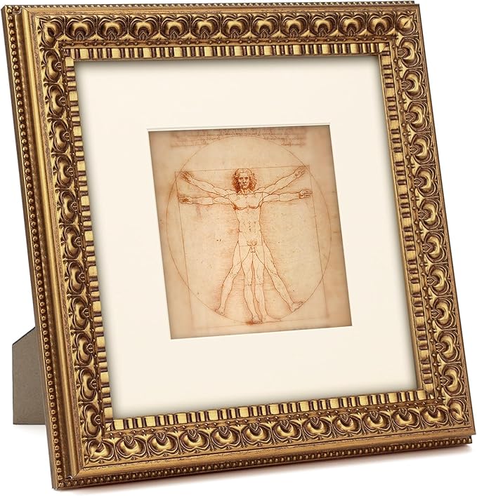 8x8 in Antique Gold Ornate Vintage Wood Picture Frame, Matted for 5x5 Photos, Real Glass Protection, Tabletop or Wall Mounting Display