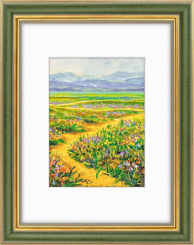 Golden State Art,9x12 Ornate Picture Frame for 6x8 Photo with Mat or 9 x 12 Prints without Mat, Real Glass Wall Display Horizontally or Vertically (Color:Green Gold)