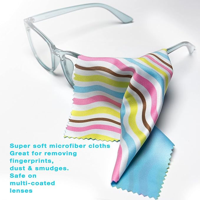 10 Pack Cute Geo-Design Multicolor Microfiber Cleaning Cloths for Cleaning Lenses, Eyeglasses, Sunglasses and Cell Phone, Beautifully Designed in Pastel Colors Blue, Pink, Green and White Cloth Wipes.