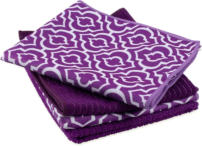 DII Cleaning Collection Multi-Purpose Microfiber, Eggplant Lattice, Dishtowel Set