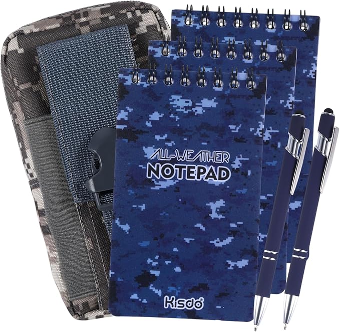 6 Pcs Waterproof Notebook Set, Write in The Rain Notebook, All Weather Notebook, Police Notepad, Field Notes Notebooks, 3 × 5" Pocket Notebook with Pen and Cover for Outdoor Activities Recording (Camouflage blue)