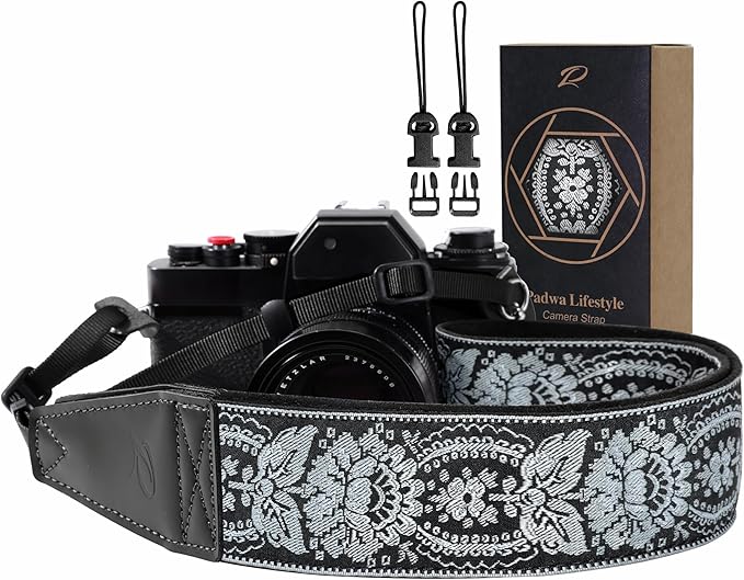 Padwa Lifestyle Camera Strap - 2" Full Grain Leather Ends Camera Straps for Photographers, Vintage Embroidered Cotton Weave Soft Suede Fabric Padded Strap Quick Release fits All Cameras