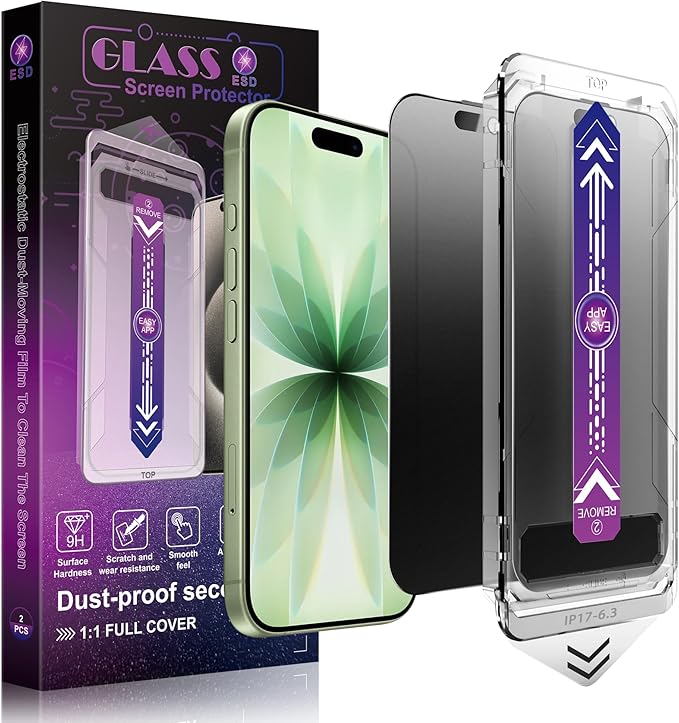 CHRYSHA Matte Privacy Screen Protector for iPhone 17, iPhone 16 Pro 6.3-Inch, Auto Dust Removal, 9H Anti-Spy Tempered Glass Film, Full Cover, Anti-Fingerprint, Easy Installation, 2 Pack