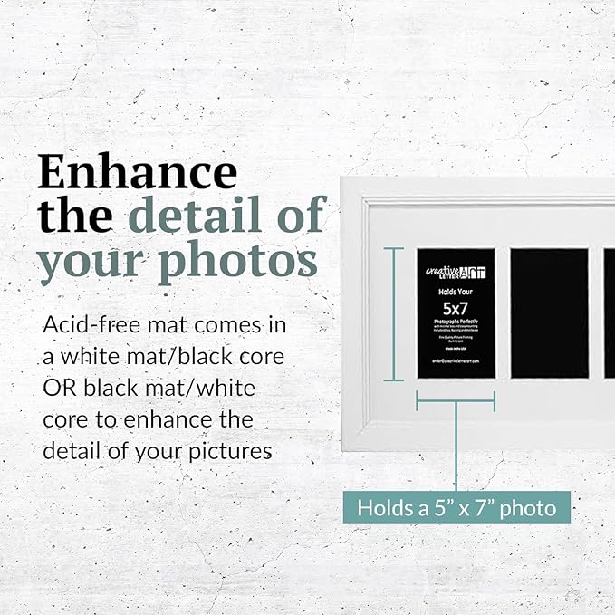 Creative Letter Art 8 Opening Glass Face White Picture Frame to hold 5 by 7 inch Photographs including 10x40-inch White Mat Collage