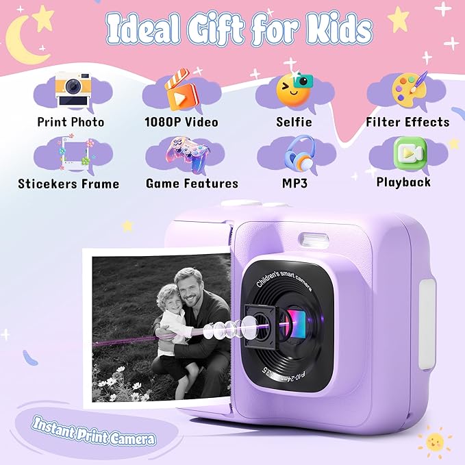 ETIKEZ Instant Print Camera for Kids, HD Digital Camera, Christmas Birthday Gifts for 4 5 6 7 8 9 10 Year Old Girls Boys, Portable Toy Printer with 32GB SD Card & 3 Rolls Printing Paper, Plum