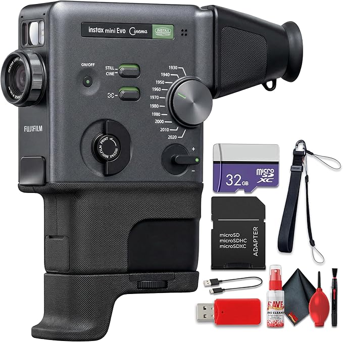 FUJIFILM instax mini Evo Cinema Hybrid Instant Camera 3-in-1 Instant Camera Smartphone Printer Video Camera, Bluetooth, Gen Dial for 10 Decade-Inspired Effects Bundle