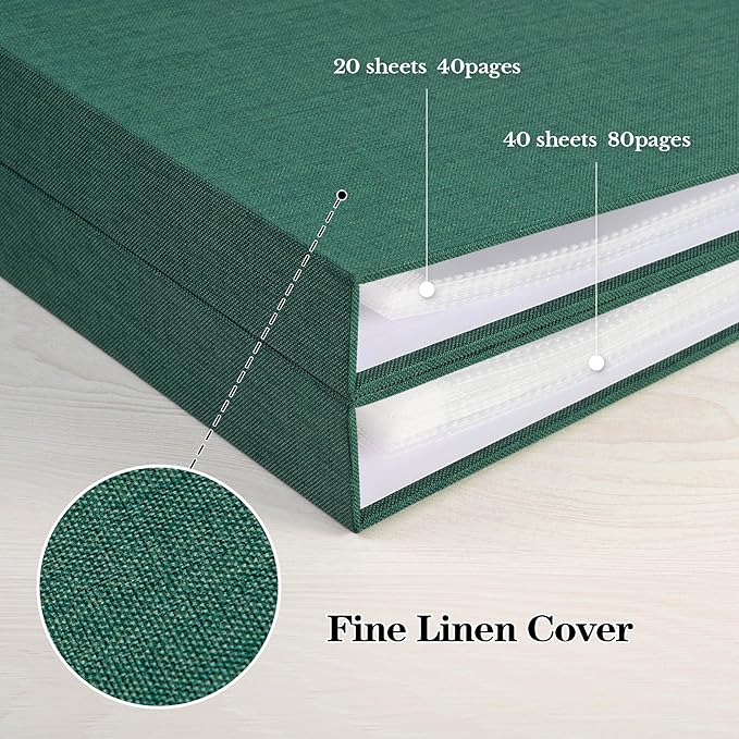 Mublalbum 12x12 Inch Large 3 Ring DIY Scrapbook Photo Album with 40 Plastic Sleeves 80 Pages Linen Cover Folder Binder for Baby Travel Wedding Couple Anniversary and DIY Projects (Dark Green)
