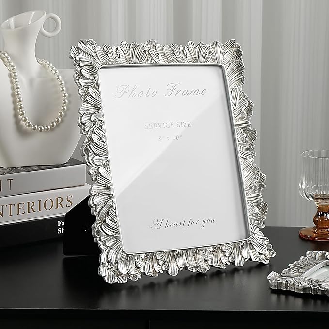 Cuspin Silver 8x10 Picture Frame, Vintage Silver Ornate Palm Leaves Textured Hand-Crafted Resin with Glass Front, Elegant Retro Design Photo Frame for Wall Hanging and Tabletop Display Home Decor