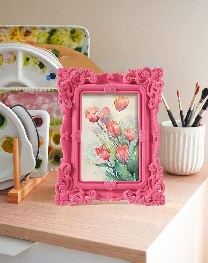 5x7 Decorative Picture Frame with Real Glass for Abstract Artwork Landscape Portraits, Ornate Photo Frames for Travel Snapshots Watercolor Paintings Animal Art Prints Illustration (Pink)
