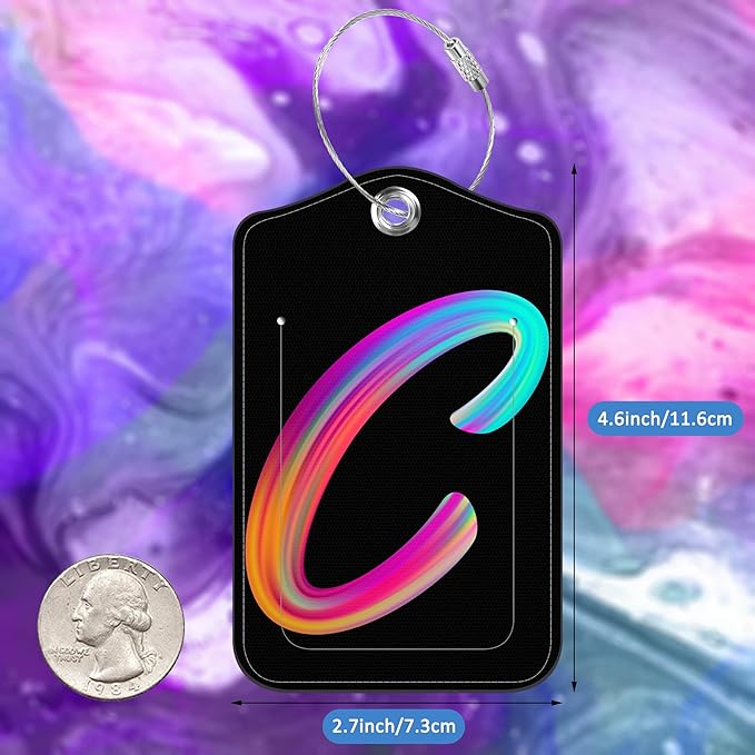 Luggage Tags for Suitcase,2 Pack Neon Colorful Letters Luggage Tags,Leather Baggage Tags Identifiers with Privacy Name Address Labels and Metal Loop for Women Men Girls Travel,Letter C