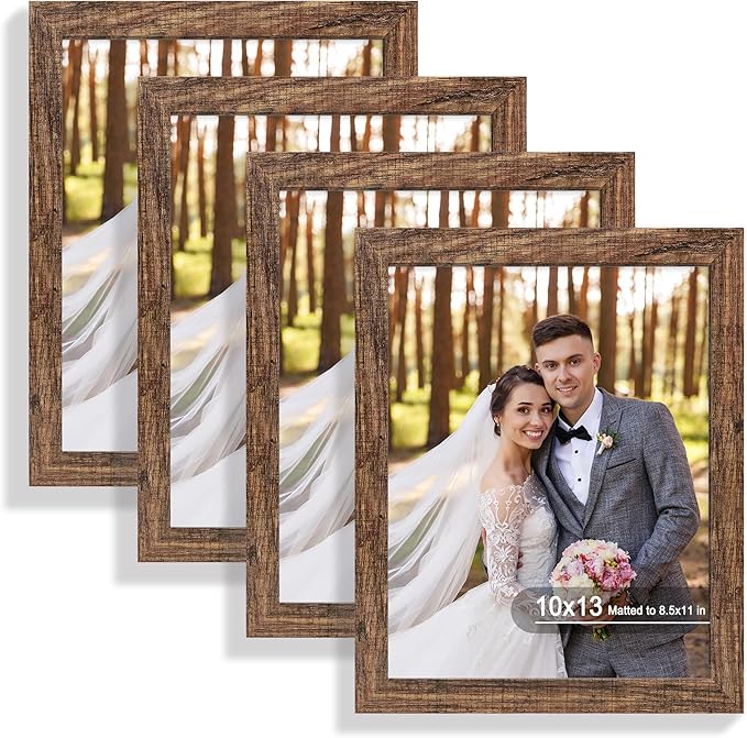 10x13 Picture Frame Set of 4, Made of Real Glass and Rustic Brown Frame, 10 by 13 Photo for Wall or Tabletop - Display Picture 8.5x11 with Mat or 10x13 Without Mat
