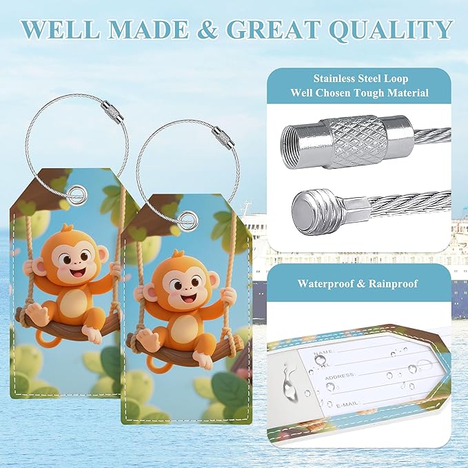 Luggage Tags for Suitcases, Cute Luggage Tag, Personalized Bag Tags for Backpacks Handbag School Instrument with Name ID Label Travel Essentials, Unique Fun Baggage Tags 2 Pack, Monkey