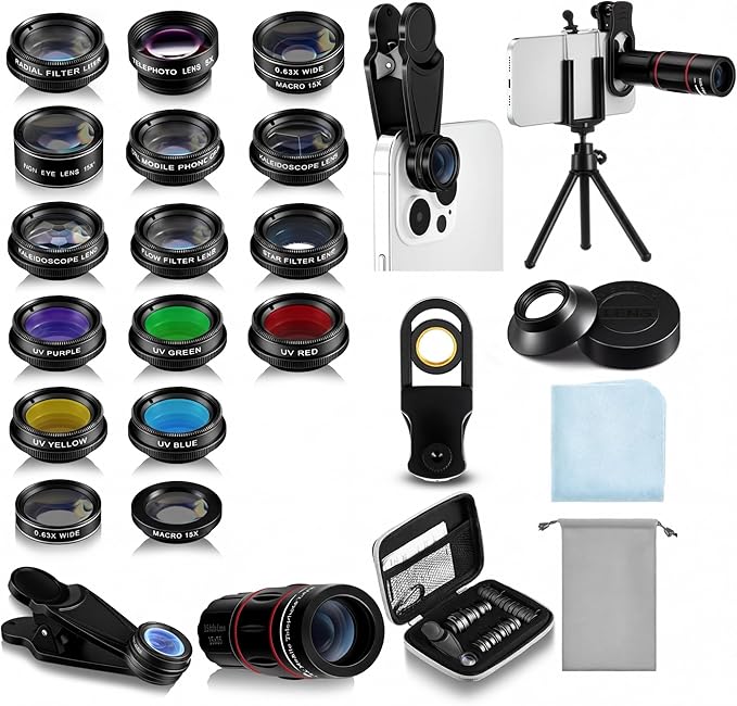 Phone Camera Lens Kit 21 in 1 with Universal 18x Telephoto Lens with Tripod 0.63x Wide Angle 15x Macro 198° Fisheye 2X Telephoto Cpl Compatible with Most Smartphone