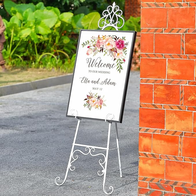 59" H Metal White Easel Stand for Sign, Large Adjustable Free Standing Scroll Display Easel for Wedding Sign Mirror Picture Poster Holder Showcasing