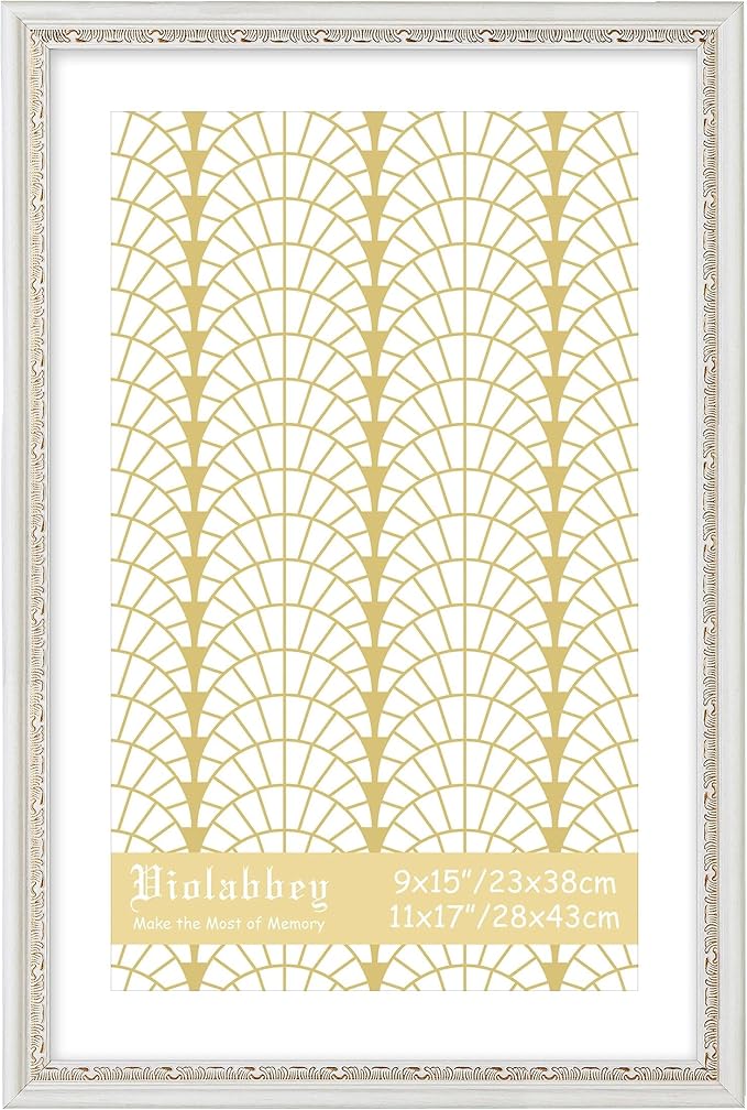 VIOLABBEY 11x17 White Gold Picture Frame, Display 9x15 Photo with Mat or 11x17 without Mat, Ornate Vintage 11 x 17 White Gold Frame for Wall Decor or Tabletop Display