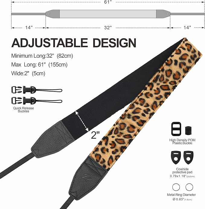 Padwa Lifestyle Leopard Velvet Camera Strap - 2" Double Layer Full Grain Cowhide Leather Head Camera Straps for Photographers,Unique Soft Velvet Fabric with Quick Release fits all Cameras