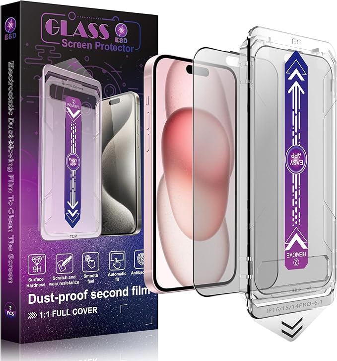 SHANG PIN JIA 2 Pack Matte Screen Protector for iPhone 16 and 14 Pro 6.1-Inch Auto Dust Removal, No Bubbles, Tempered Glass Film, Easy Installation