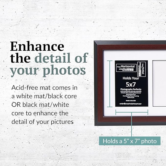 Creative Letter Art 6 Opening Glass Face Mahogany Picture Frame to hold 5 by 7 inch Photographs including 10x36-inch White Mat Collage