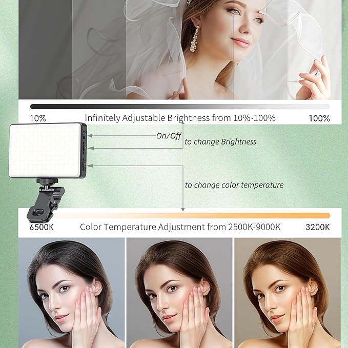 Clip-on Selfie Phone Light Video Recording – 120 Rechargeable CCT LEDs with 6 Color Filters, Light Diffuser, Clip Mount, Hot Shoe - for Phone, DSLR, Laptop, Zoom and Streaming