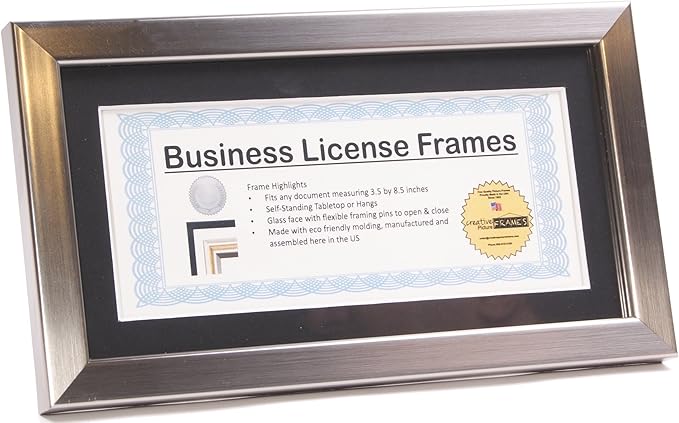Creative Picture Frames Stainless Steel Business License Frame for Professionals Holds 3.5 by 8.5 with Black Mat Includes Self Standing Easel