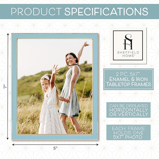 Sheffield Home Tabletop Picture Frame – Iron Enamel Decorative Display Frame for Home or Office, 5x7 Inch, Light Blue