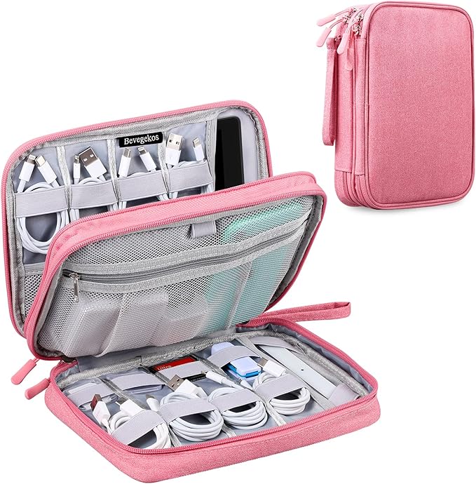 Large Electronics Organizer, Travel Accessories Cord Pouch for 7.9 Inch Tablet, Cables, Charger, Power Adapter, 2 Layers (Rosy Pink)