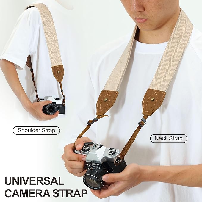 Padwa Lifestyle 2" Wide Classic Crazy Horse Art Cowhide Head Camera Strap - Beige White Twill Cashmere Vintage Camera Straps for Photographers, Adjustable Shoulder & Neck Strap Fits All DSLR Cameras
