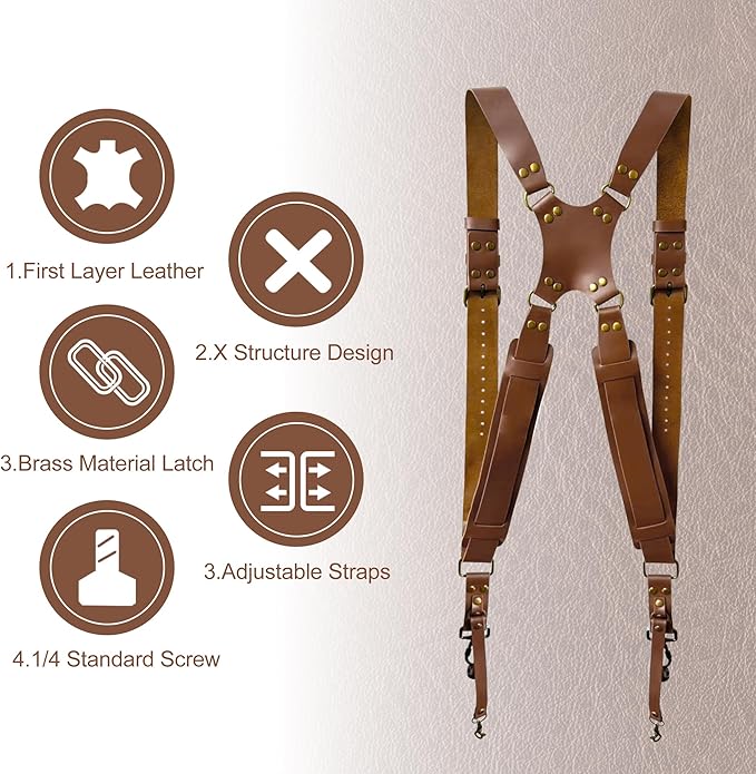 Double Camera Strap, Shoulder Camera Strap Harness Leather Dual Camera Strap for Two DSLR/SLR Cameras, Adjustable
