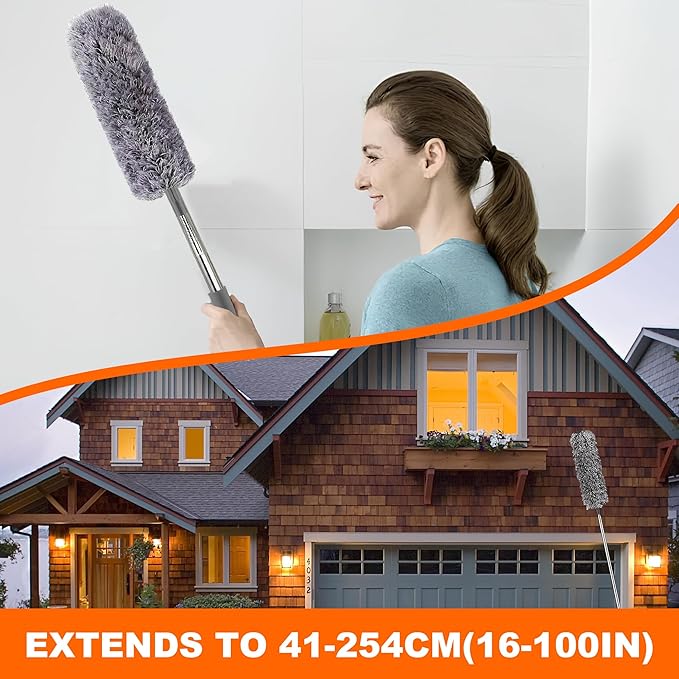 Professional Microfibre Dusters for Cleaning | Duster with Extension 100" | Cobweb Remover Duster Kit with 4 Washable Heads | Bendable Feather Duster for High Ceilings,Fans & Hard-to-Reach Areas,7PCS