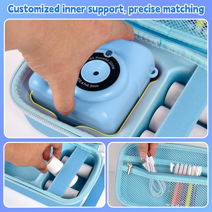 Kids Instant Print Camera Case for ESOXOFFORE Digital Video Cameras with 3 Rolls Paper Refill, Toddler Film Camera Storage Holder Bag with Mesh Pocket for Thermal Paper Accessories (Box Only)- Blue