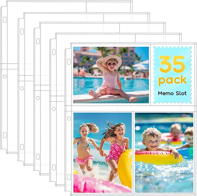 Fabmaker 35-Pack 4x6 Clear Photo Sleeves for 3 Ring Binder - 210 Photo Acid Free Plastic Archival Protector Refill Pages for 8.5x11