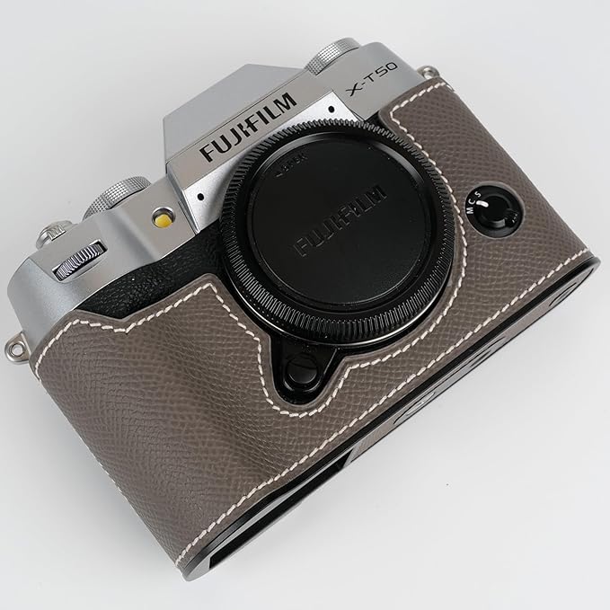 Uchandmade Handmade Genuine Leather Camera Half Case for Fujifilm X-T50/Fujifilm X-T50 Camera Case/Fujifilm X-T50 Case - Top Layer Cowhide Body + Metal Base Plate (8f etain)