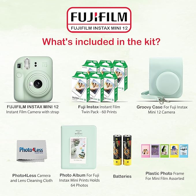 Fujifilm Instax Mini 12 Instant Camera Bundle with Fujifilm Instax Mini Instant Film Value Pack (60 Sheets) with Accessories Including Protective Case, Strap, Photo Album (Mint Green)