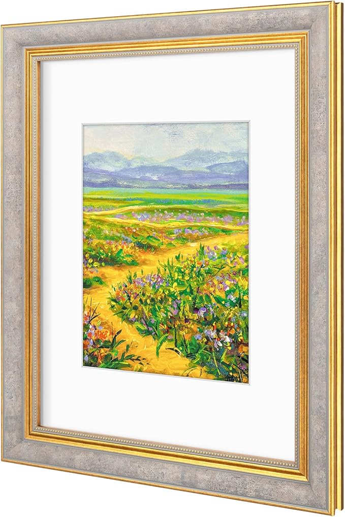 Golden State Art,9x12 Ornate Picture Frame for 6x8 Photo with Mat or 9 x 12 Prints without Mat, Real Glass Wall Display Horizontally or Vertically (Color:Antique Gray Gold)