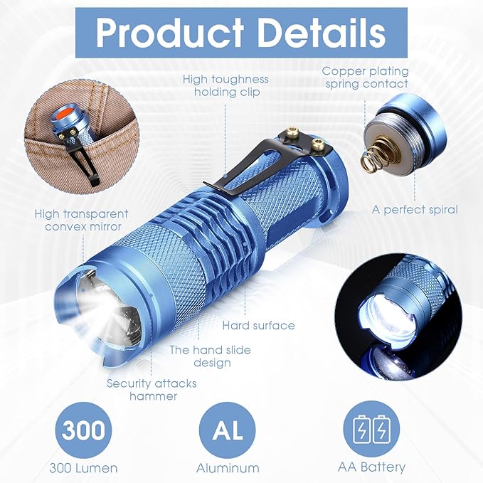 Fumete 20 Pieces LED Flashlight Mini 3 Mode Tactical Torch Small Water Resistant Pocket Flash Light Adjustable Focus Light Pen for Men, Father, Indoor Outdoor Hiking (Blue)