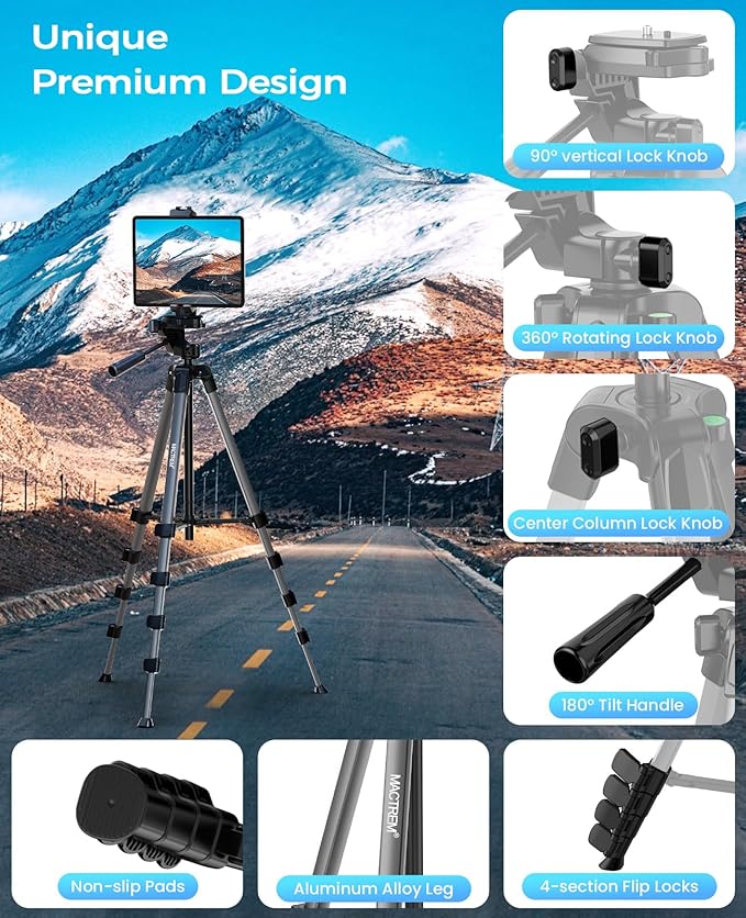 MACTREM 67" Tripod Stand for iPad iPhone Tablet Camera with 2 in 1 Mount & Wireless Remote, Aluminum Extendable Phone Tripod for Video Recording/Selfies/Live Stream/Vlogging (Grey)