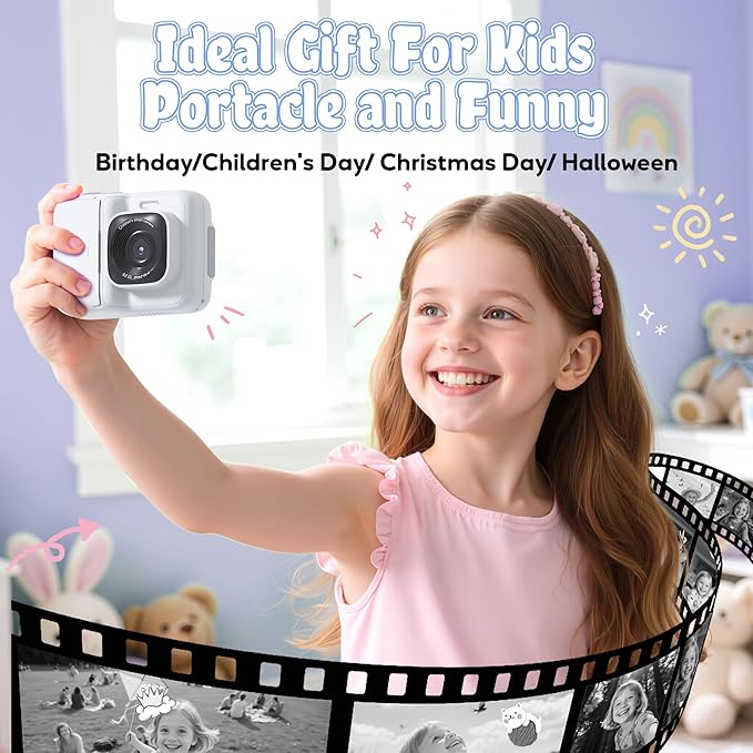 ETIKEZ Kids Camera, 1080P Instant Digital Print Camera for Kids, Christmas Birthday Gifts for 4 5 6 7 8 9 10 Year Old Girls Boys, Portable Toy with 32GB SD Card & 3 Rolls Printing Paper, White