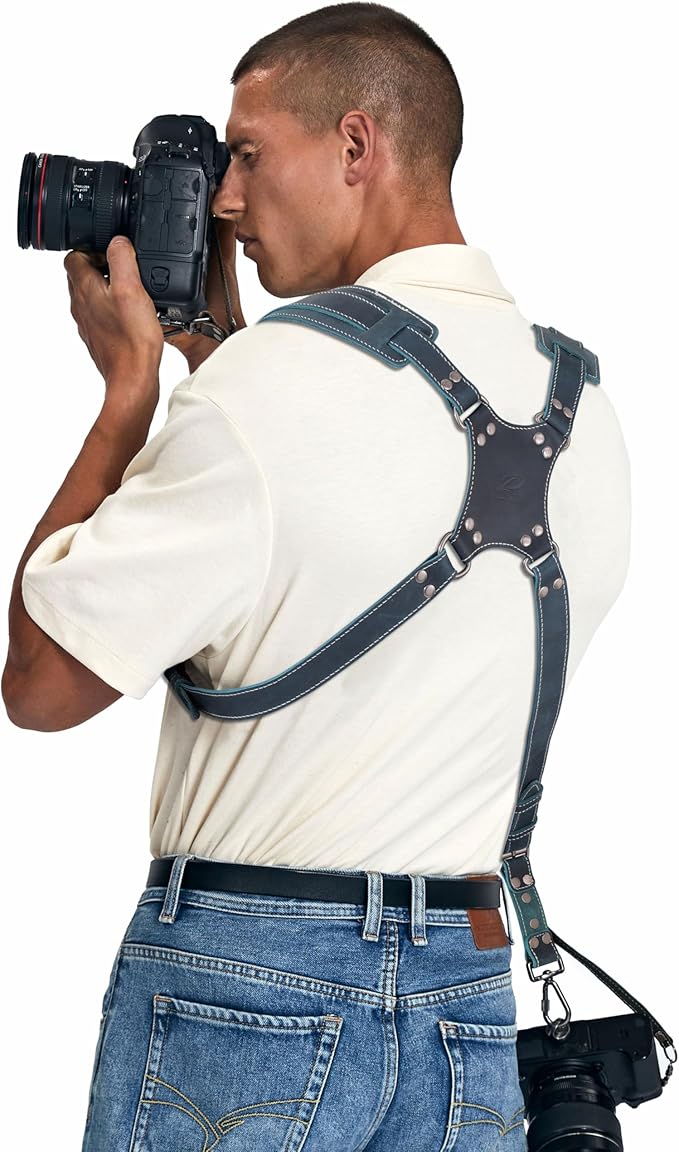 Padwa Lifestyle Dark Green Dual Camera Harness Strap for Two Cameras - Double Shoulder Full Grain Leather Harness,Multi Double Camera Gear with Thick Padded,Double Camera Harness for Photographers