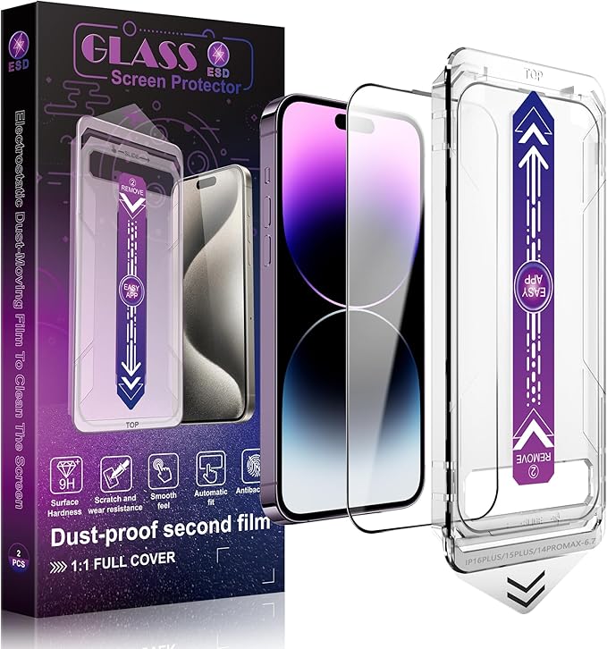 SHANG PIN JIA 2 Pack Screen Protector Tempered Glass for iPhone 16 Plus and iPhone15 Plus and iPhone 14 Pro Max 6.7-Inch Auto Dust Removal, No Bubbles, High Definition Clear, Easy Installation