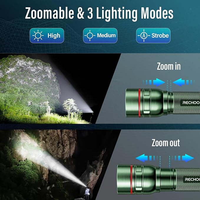 Rechargeable Flashlights High Lumens, G1000 Super Bright Flash Light 2 Pack, Small Zoomable LED Flashlight with 3 Lighting Modes, Portable Flashlight for Camping Essentials (Battery Included)-Green
