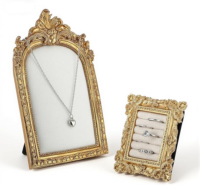 2 Pcs Vintage Jewelry Tray Set, Vintage Necklace Organizer with Velvet Backing and Ring Holder, Gold Ring Display Stand Frame, for Selling, Baroque Trinket Storage Dish Gifts for Women Wedding