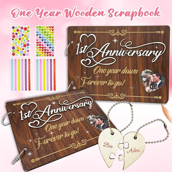 1 Year Anniversary Scrapbook,One Year Anniversary Dating Gifts,1st Down Wooden Couples Photo Album,One year Wooden Scrapbook scrapbooks DIY Photo for Him Her Girlfriend Valentine's Day Gift