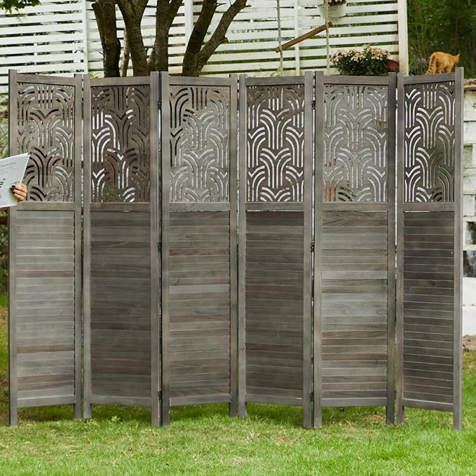 Folding Room Divider, 66.9 Inch 6 Panels Wood Carved Privacy Screens, Free Assembled Freestanding Portable Separation Wall for Home Office Restaurant Bedroom (Gray)