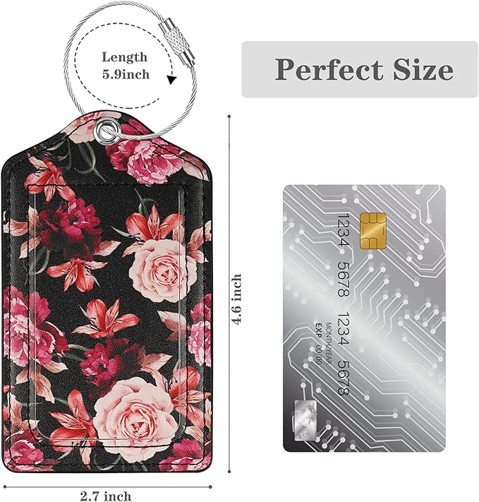 (Set of 2) Luggage Tag Leather Privacy Cover ID Label Address Card with Stainless Steel Loop, Travel Bag Tags Suitcase Labels, Black Flowers