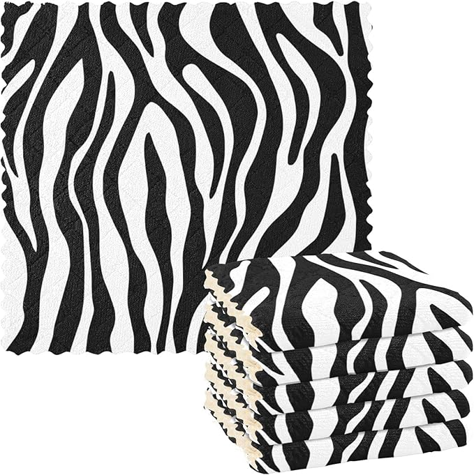 CaTaKu Zebra Print Microfiber Reusable Cleaning Cloths Kitchen Dish Cloths Dish Rags for Washing Dishes, Black and White Dish Towels Washcloths for Kitchen Drying, 6 Pack