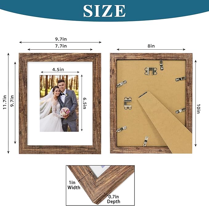 8x10 Picture Frame Set of 4, Made of Real Glass and Rustic Brown Wooden Frame, 8 by 10 Photo for Wall or Tabletop - Display Picture 5x7 with Mat or 8x10 Without Mat