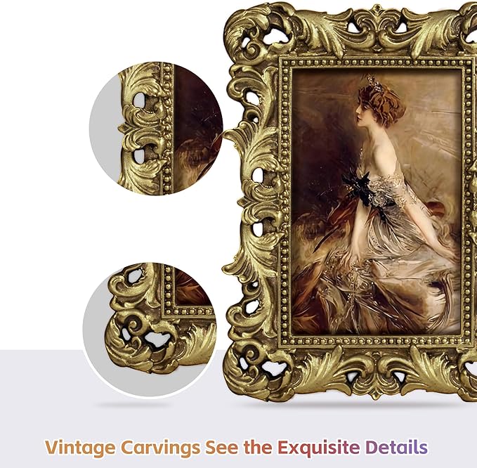 4x6 Gold Picture Frame Antique Ornate Vintage with Glass Front, Baroque Victorian Frame for Tabletop or Wall Display