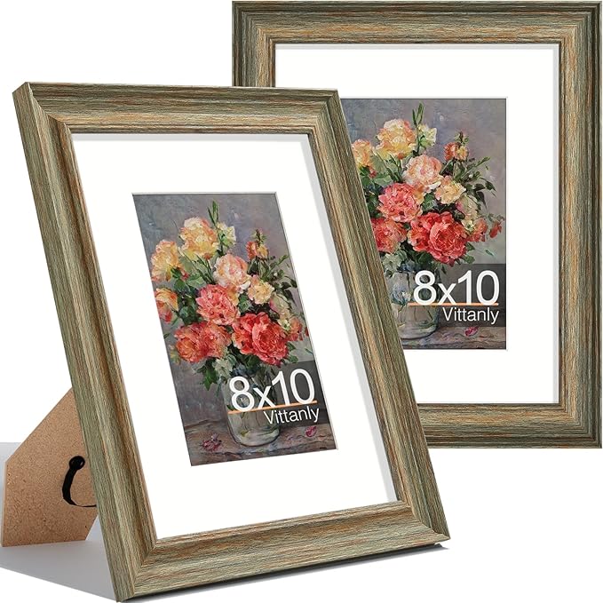 Vittanly 8x10 Picture Frames Set of 2, Ornate Vintage Photo Frame for Wall or Tabletop, Display 5x7 Pictures with Mat or 8x10 without Mat, Vintage Green